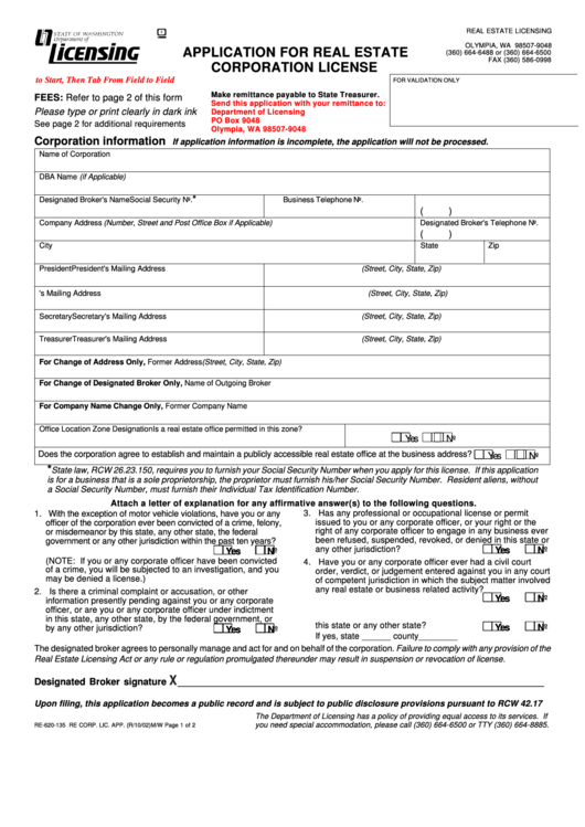 Fillable Form Re-620-135 - Application For Real Estate Corporation License - Wa Department Of Licensing Printable pdf