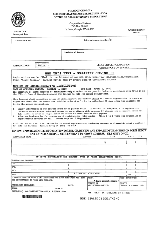 Form Br203 - Corporation Annual Registration - 2000 Printable pdf