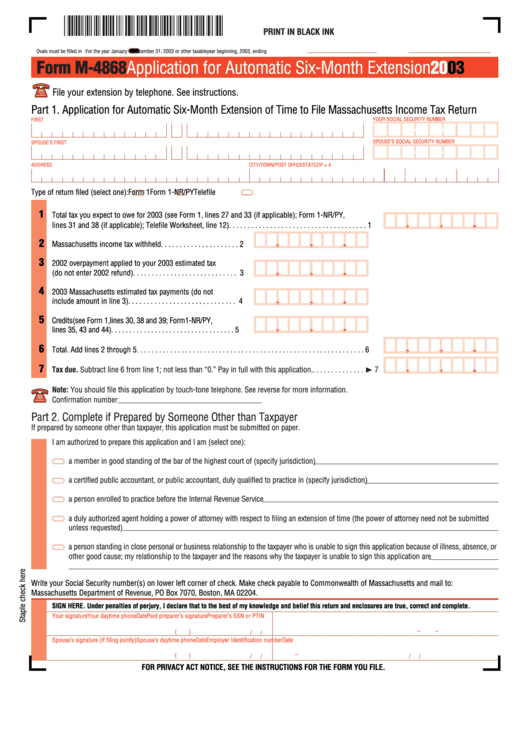 Form M-4868 - Application For Automatic Six-Month Extension - 2003 Printable pdf
