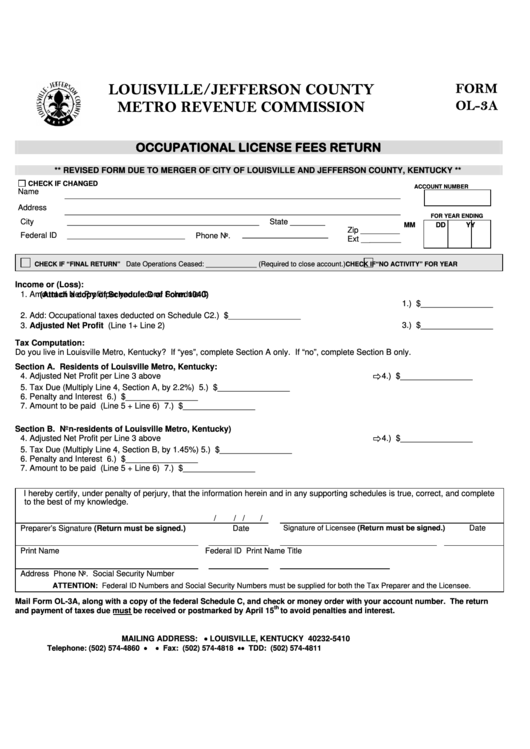 Fillable Form Ol-3a - Occupational License Fees Return - Louisville/jefferson County Metro Revenue Commission Printable pdf