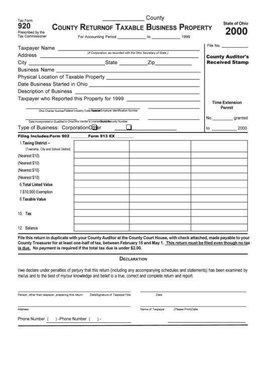 Tax Form 920 - County Returnof Taxable Business Property - 2000 ...