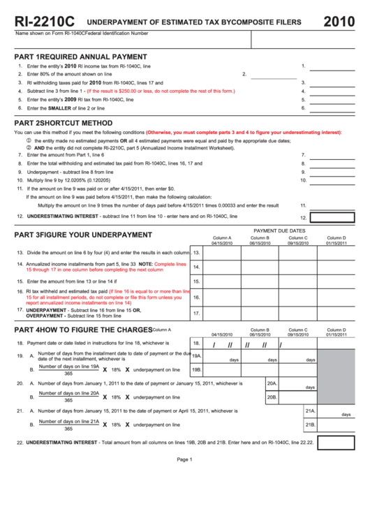 Form Ri-2210c - Underpayment Of Estimated Tax By Composite Filers - 2010 Printable pdf