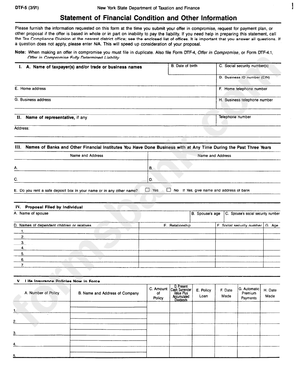 Form Dtf-5 - Statement Of Financial Condition And Other Information