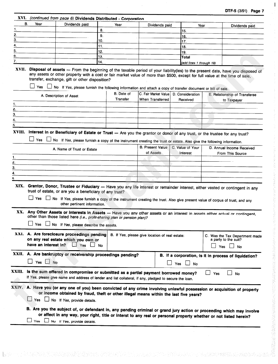 Form Dtf-5 - Statement Of Financial Condition And Other Information