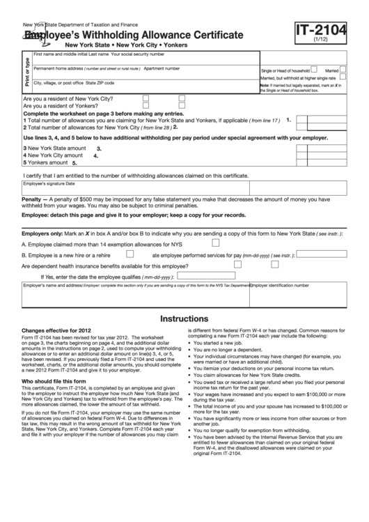 Fillable Form It2104 Employee'S Withholding Allowance Certificate Nys Department Of