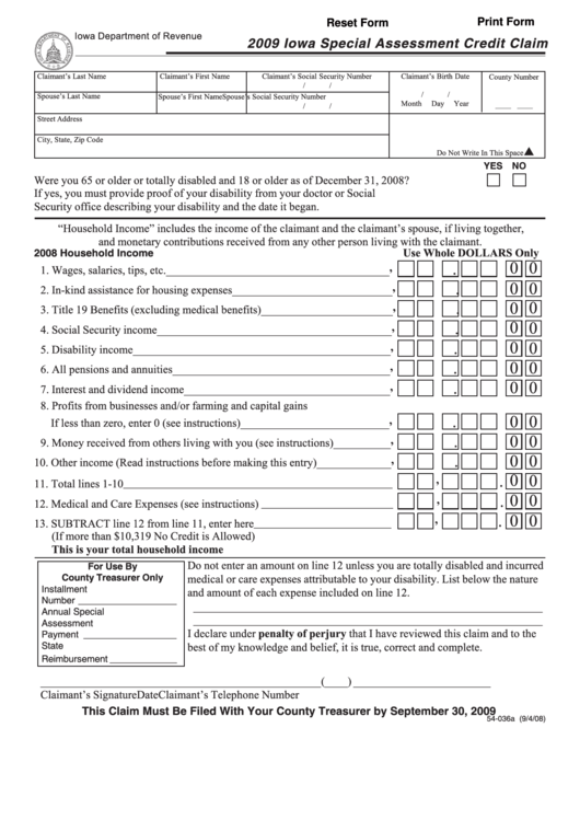Fillable Form 54-036a - Iowa Special Assessment Credit Claim - 2009 Printable pdf