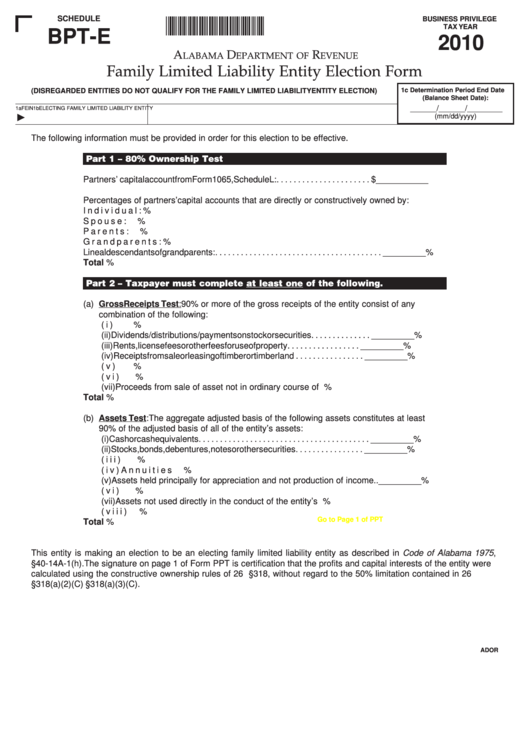 Fillable Schedule Bpt-E - Family Limited Liability Entity Election Form - 2010 Printable pdf