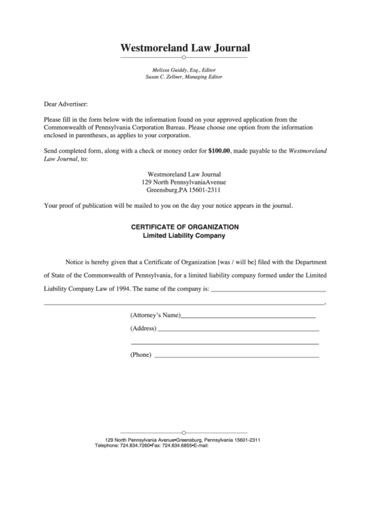 Form Certificate Of Organization (Limited Liability Company) - Commonwealth Of Pennsylvania Printable pdf