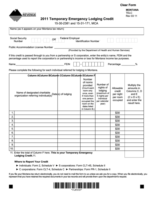 Fillable Montana Form Telc - Temporary Emergency Lodging Credit - 2011 Printable pdf