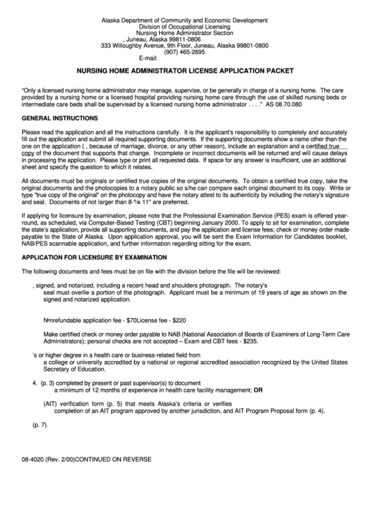 Form 08-4020 - Nursing Home Administrator License Application Packet Printable pdf