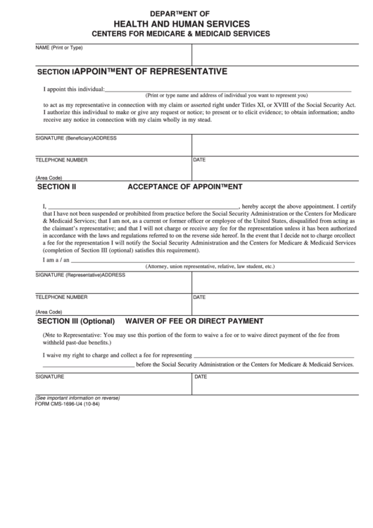 Form Cms-1696-U4 - Appointment Of Representative Printable pdf