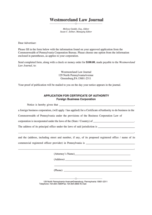 Form Application For Certificate Of Authority (Foreign Business Corporation) - Commonwealth Of Pennsylvania Printable pdf