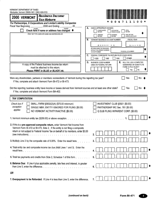 Form Bi-471 - Business Income Tax Return - 2000 Printable pdf