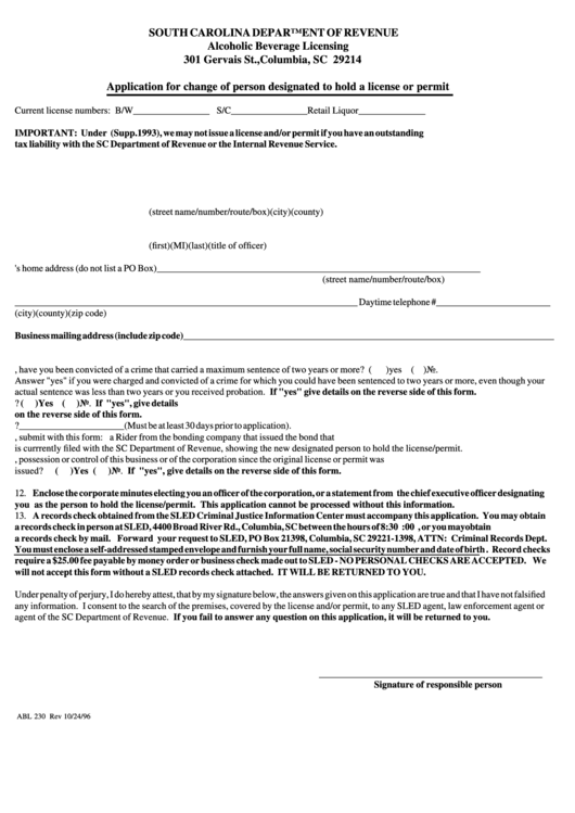 Fillable Form Abl 230 - Application For Change Of Person Designated To Hold A License Or Permit Printable pdf