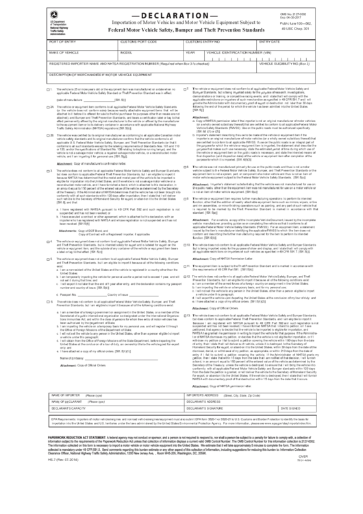Fillable Form Hs-7 - Declaration - Us Department Of Transportation Printable pdf