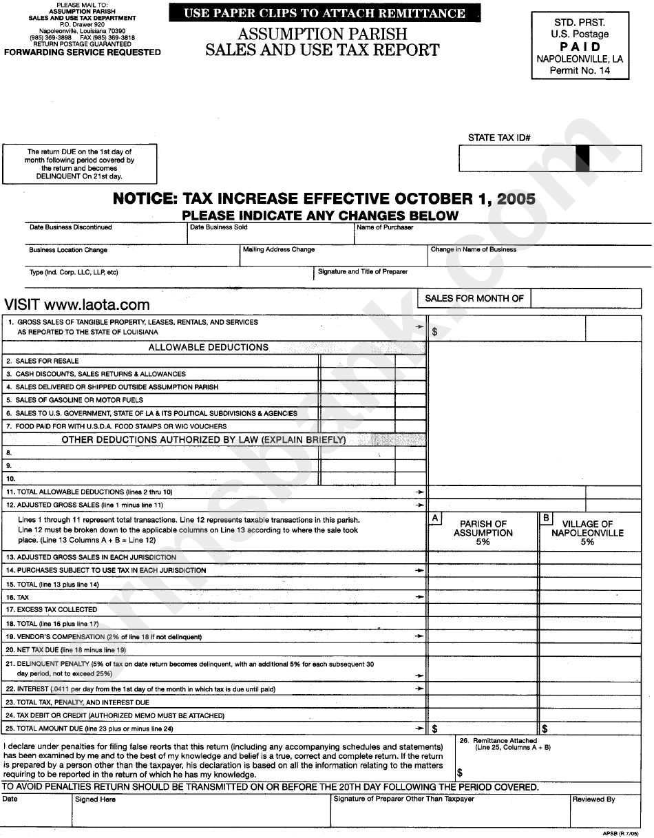 Form Apsb - Assumption Parish Sales And Use Tax Report - 2005