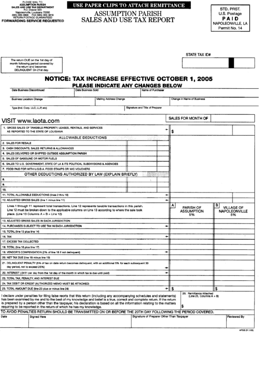 Form Apsb - Assumption Parish Sales And Use Tax Report - 2005 Printable pdf