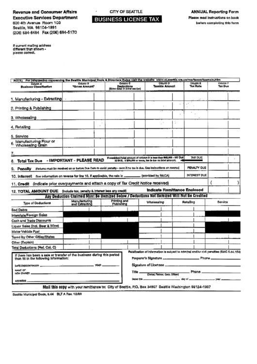 Form Blt A - Business License Tax Printable pdf