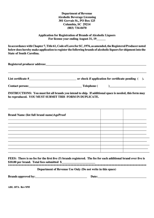 Fillable Form Abl 107a - Application For Registration Of Brands Of Alcoholic Liquors Printable pdf