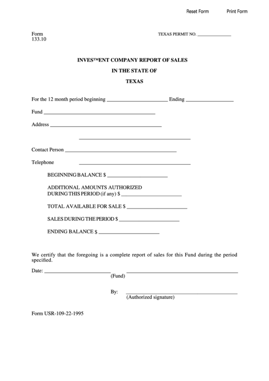 Fillable Form Usr-1 - Investment Company Report Of Sales In The State Of Texas Printable pdf