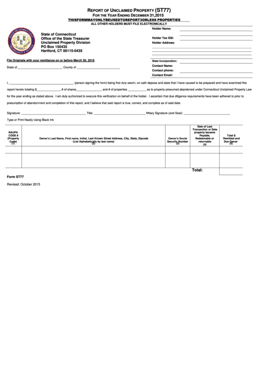 Form St77 - Report Of Unclaimed Property - 2015 Printable pdf