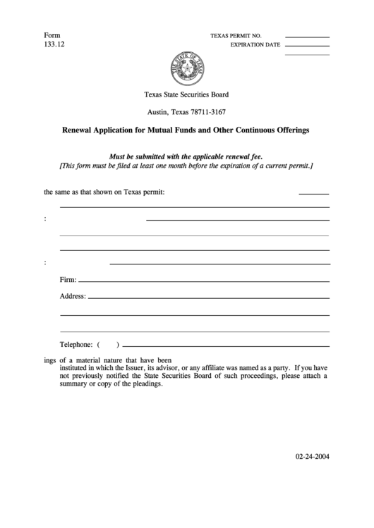 Form 133.12 - Renewal Application For Mutual Funds And Other Continuous Offerings Printable pdf