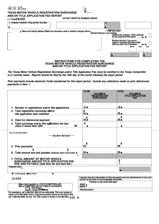 Fillable Form 14-124 - Texas Motor Vehicle Registration Surcharge And/or Title Application Fee Report Printable pdf