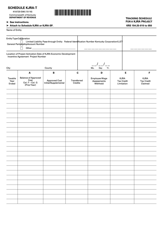 Form 41a720-S46 - Schedule Kjra-T - Tracking Schedule For A Kjra Project - 2016 Printable pdf