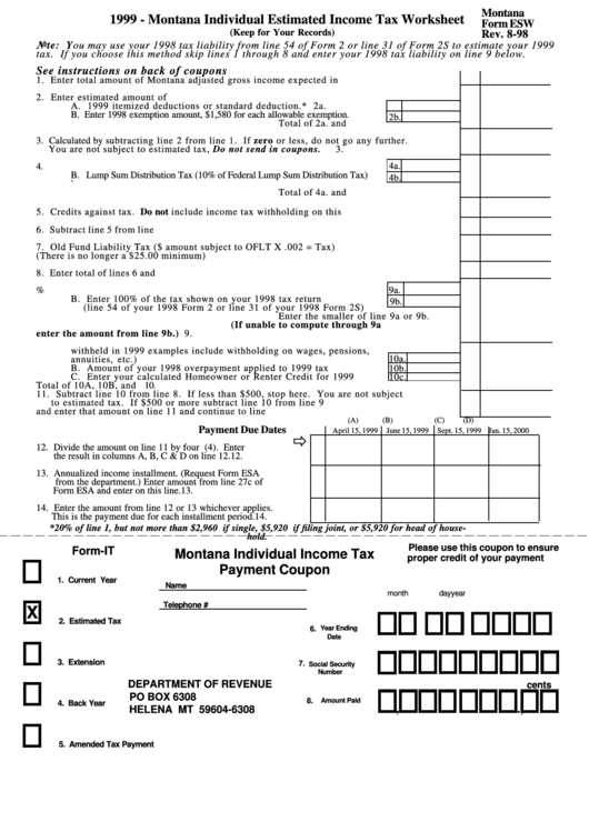 Form Esw - Montana Individual Estimated Income Tax Worksheet - 1999