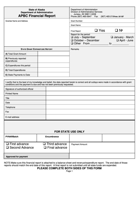 Apbc Financial Report Form - State Of Alaska Department Of Administration Printable pdf