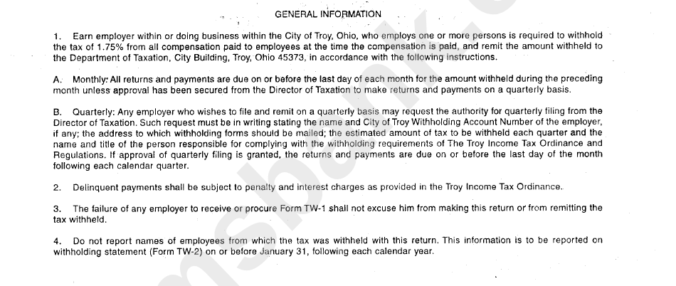 Instructions For City Of Troy Income Tax - Department Of Taxation
