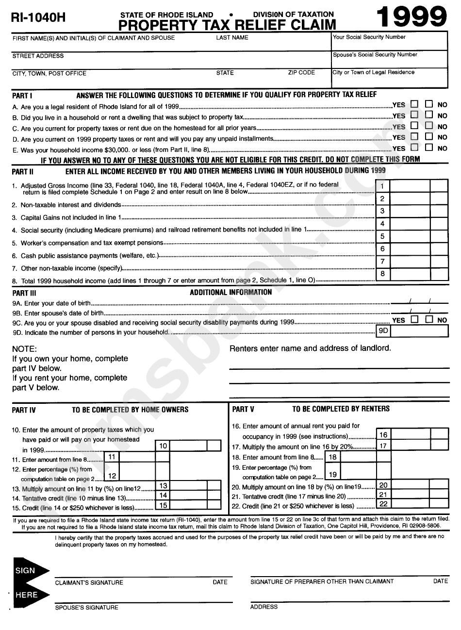 Form Ri-1040h - Property Tax Relief Claim - 1999