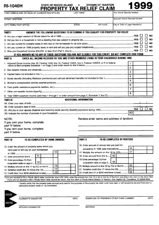 Form Ri-1040h - Property Tax Relief Claim - 1999 Printable pdf