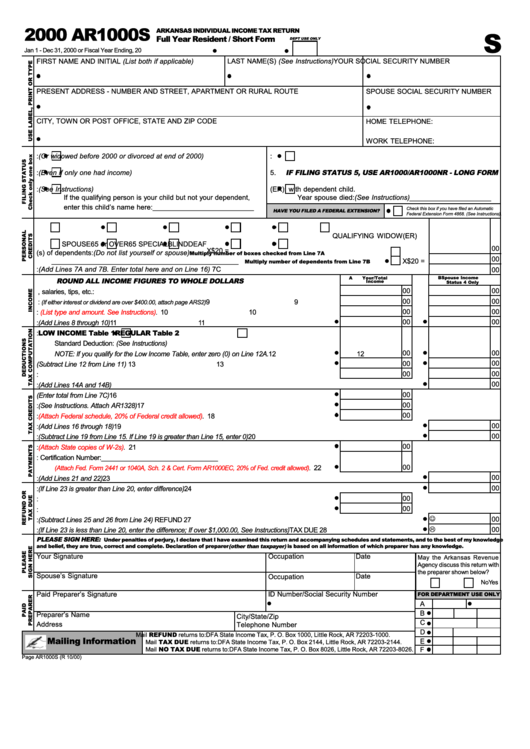 Form Ar1000s - Arkansas Individual Income Tax Return - Full Year Resident / Short Form - 2000 Printable pdf