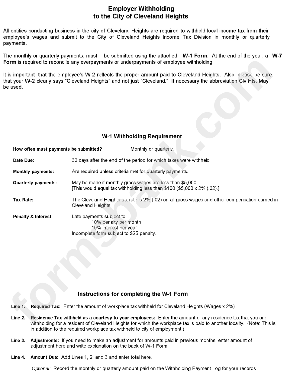 Instructions For Form W-1 - Employer Withholding To The City Of Cleveland Heights