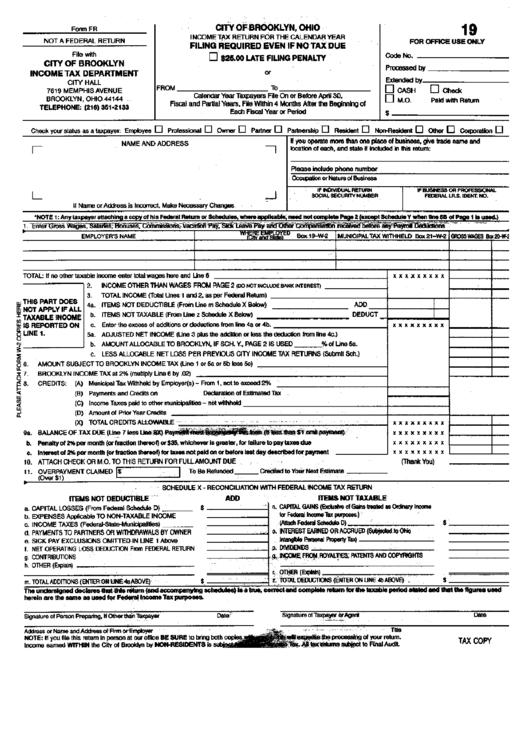 Form Fr - Income Tax Return - City Of Brooklyn Printable pdf