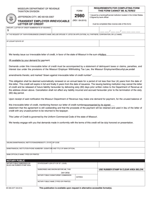 Fillable Form 2980 - Transient Employer Irrevocable Letter Of Credit - 2010 Printable pdf