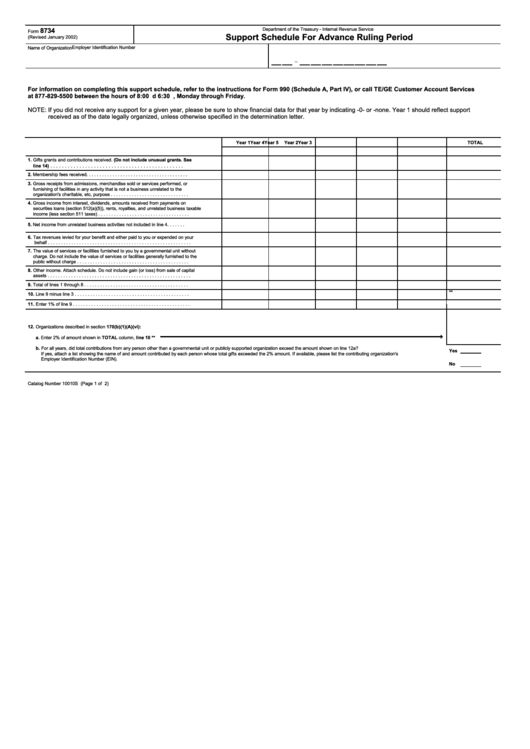 Fillable Form 8734 - Support Schedule For Advance Ruling Period Printable pdf