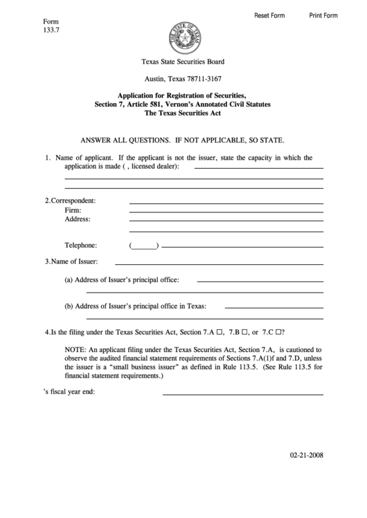 Fillable Form 133.7 - Application For Registration Of Securities Printable pdf