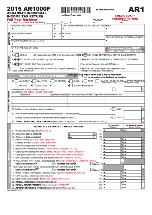Fillable Form Ar1000f - Arkansas Individual Income Tax Return - 2015 Printable pdf