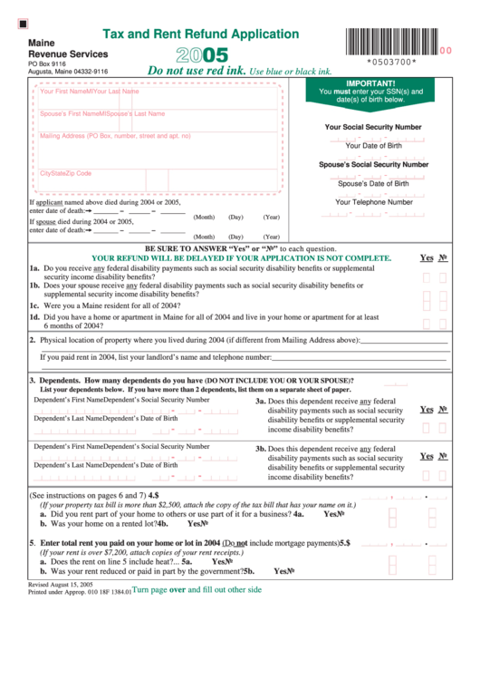 Tax And Rent Refund Application - Maine Revenue Services - 2005 Printable pdf