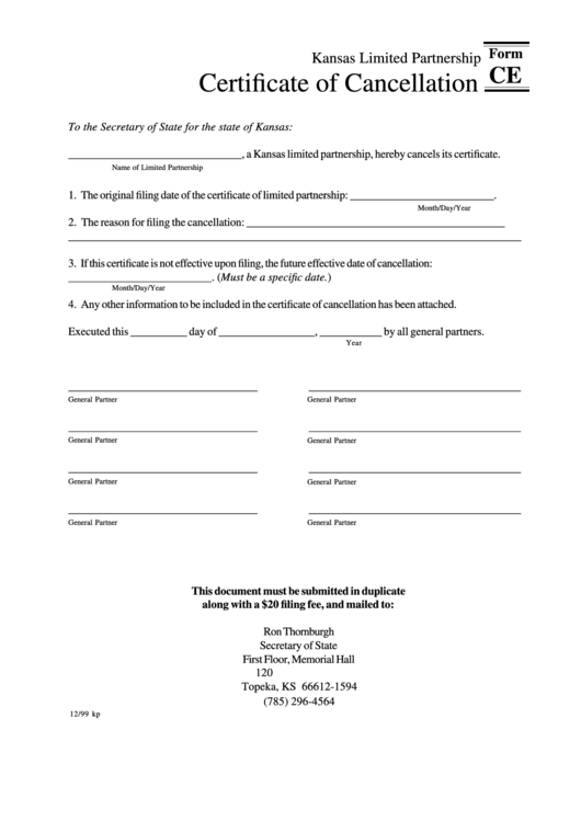Form Ce - Kansas Limited Partnership Certificate Of Cancellation Printable pdf