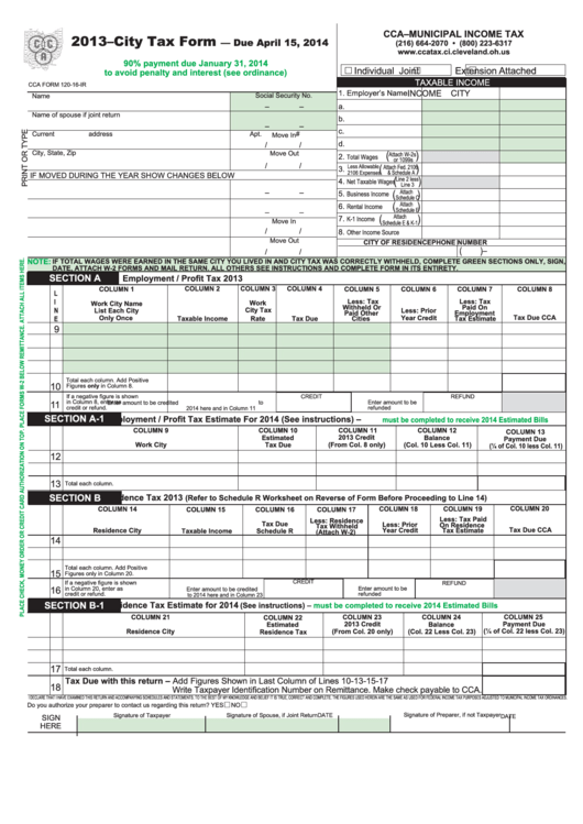 Cca Form 120-16-Ir - City Tax Form - Cleveland - 2013 Printable pdf