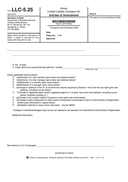 Fillable Form Llc-5.25 - Articles Of Amendment - Il Secretary Of State - 2010 Printable pdf