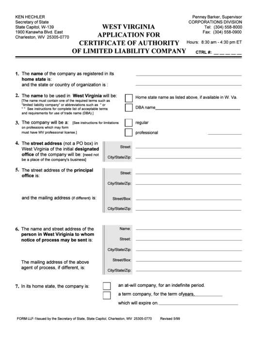 Form Llf-1 - Application For Certificate Of Authority Of Limited Liability Company Printable pdf