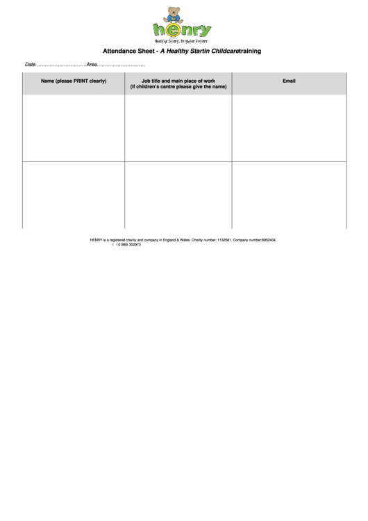 Attendance Sheet - A Healthy Start In Childcare Training Printable pdf