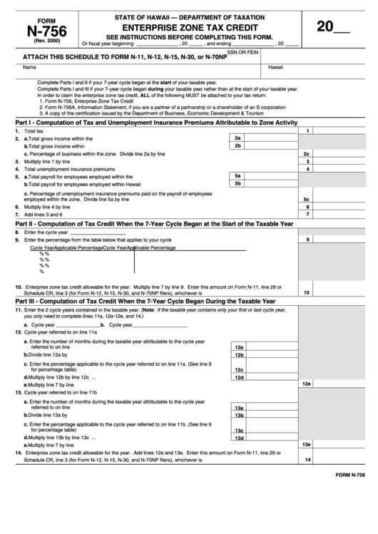Form N-756 - Enterprise Zone Tax Credit - Attach To Form N-11, N-12, N-15, N-30, Or N-70np Printable pdf
