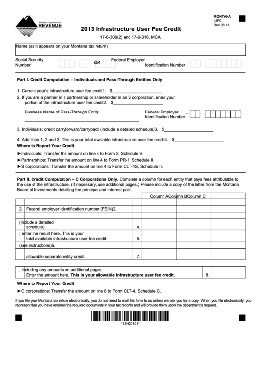 Montana Form Iufc - Infrastructure User Fee Credit - 2013 Printable pdf