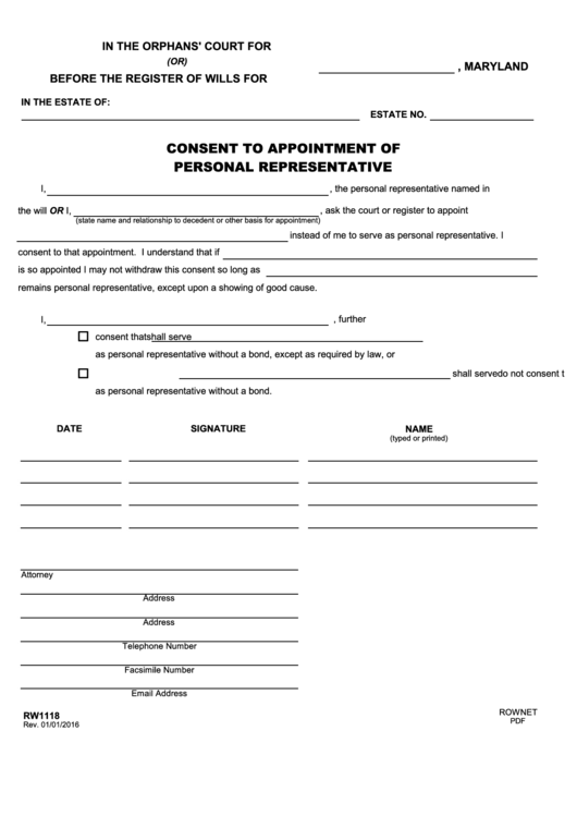 Fillable Form Rw1118 - Consent To Appointment Of Personal Representative Printable pdf