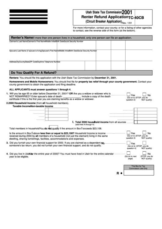 Form Tc-40cb - Renter Refund Application - 2001 Printable pdf
